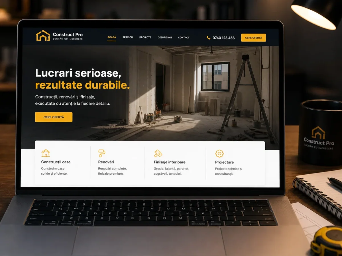 Site orientat spre cereri, vizite în showroom și discuții comerciale - model de site pentru firme de materiale de construcții - Creare site materiale de construcții