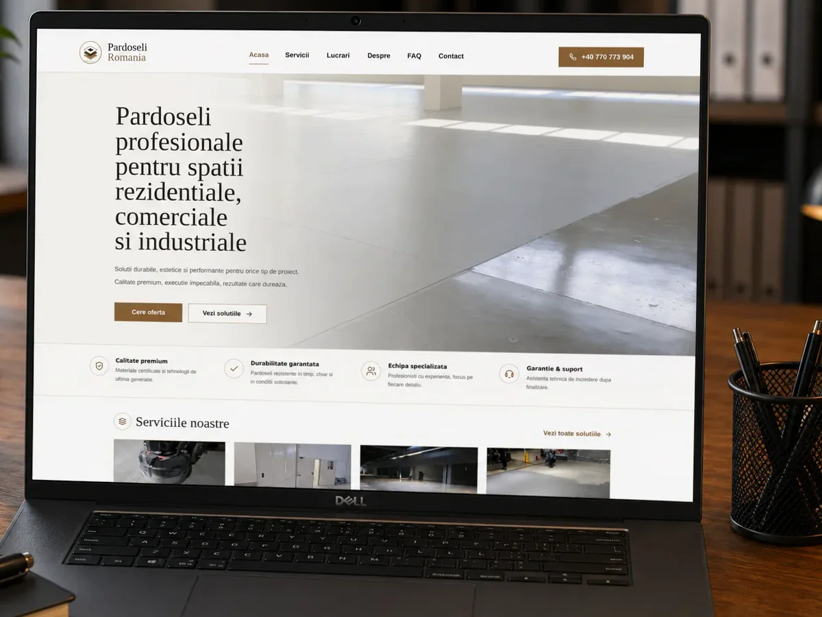 Site orientat spre estimări, apeluri și cereri de ofertă - model de site pentru firme de pardoseli - Creare site firmă pardoseli