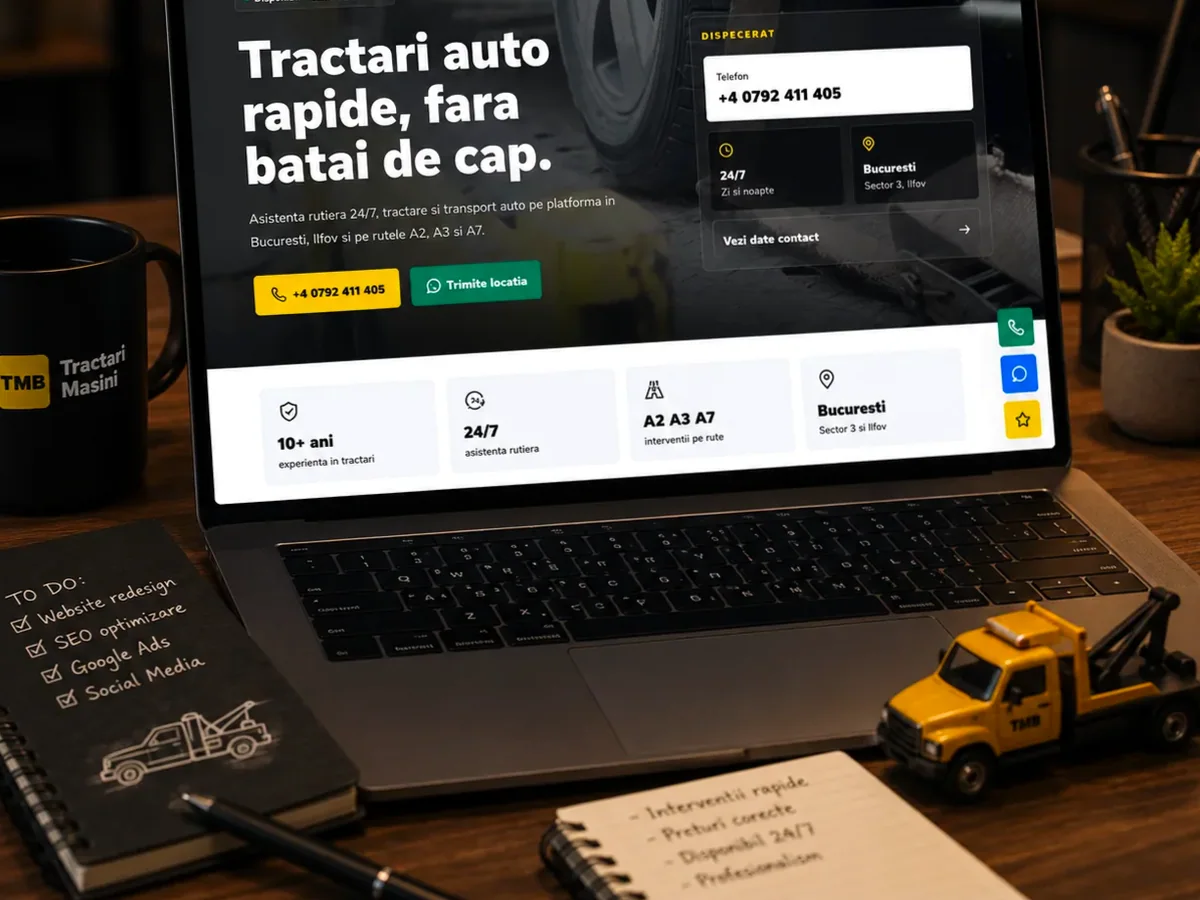 Site rapid pe mobil pentru tractări auto - model de site pentru firme de tractări auto - Creare site tractări auto