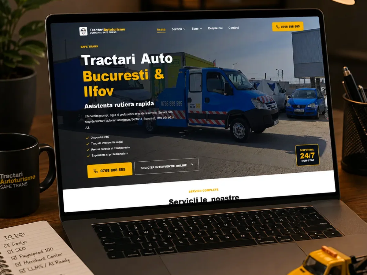 Site orientat spre apeluri, programări și cereri rapide - model de site pentru firme de tractări auto - Creare site tractări auto