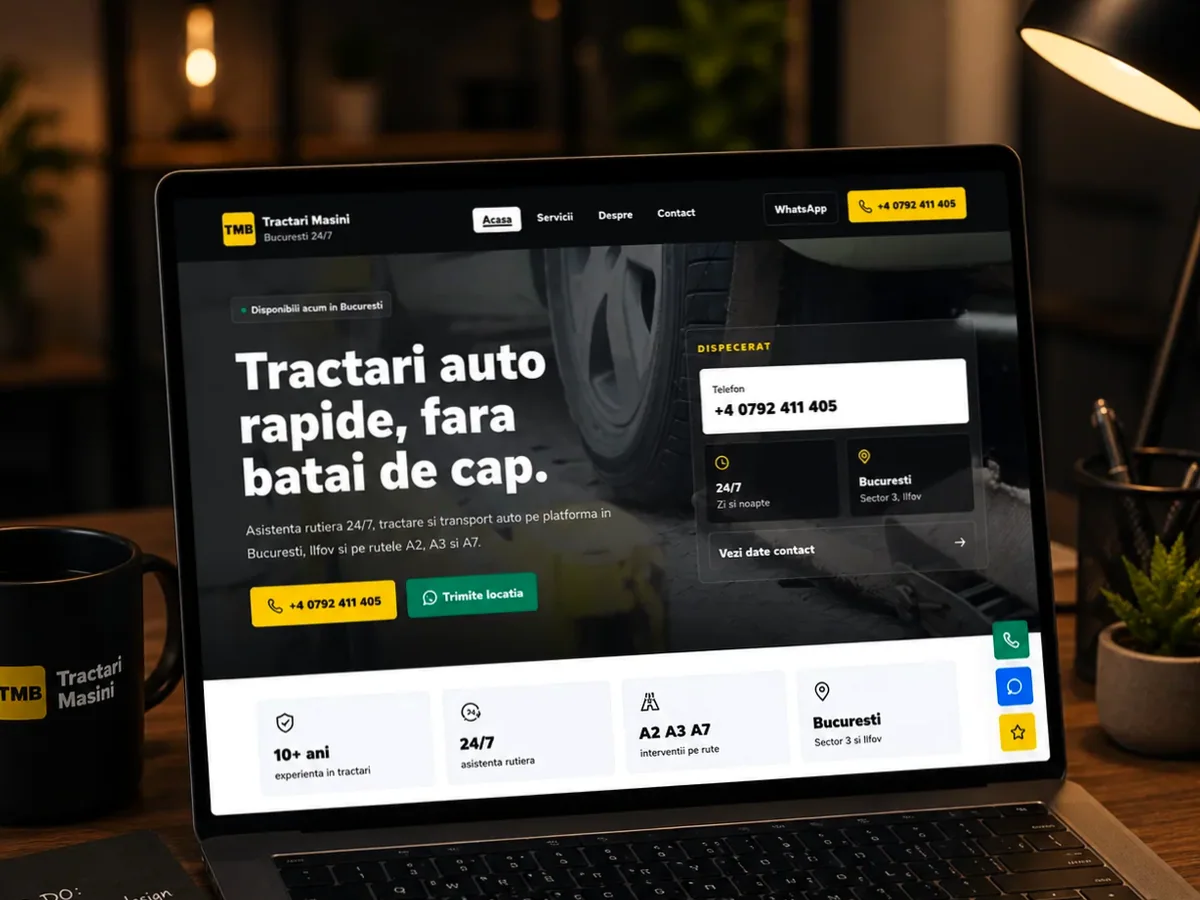 Site cu servicii pentru firme de tractări auto - model de site pentru firme de tractări auto - Creare site tractări auto