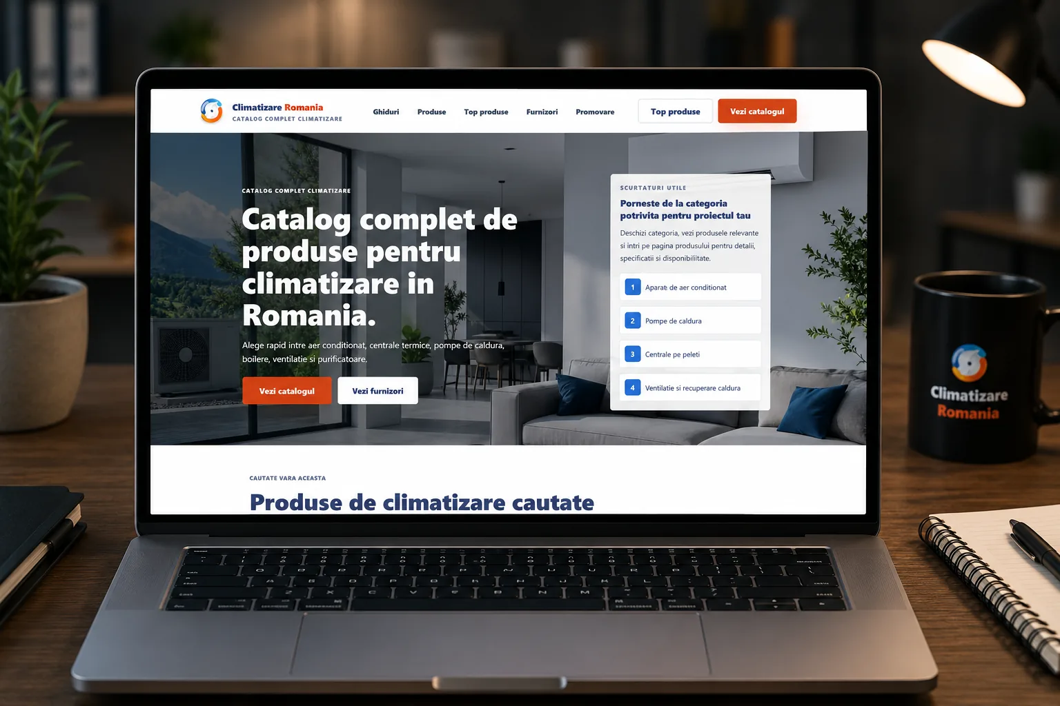 mockup realist Climatizare România pe laptop pentru catalog complet de produse HVAC