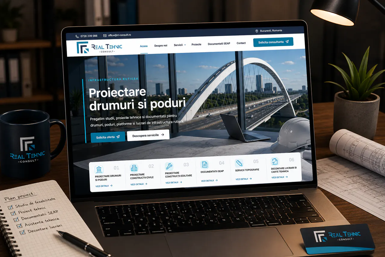 mockup realist RT Consult homepage pe laptop pentru proiectare drumuri și poduri