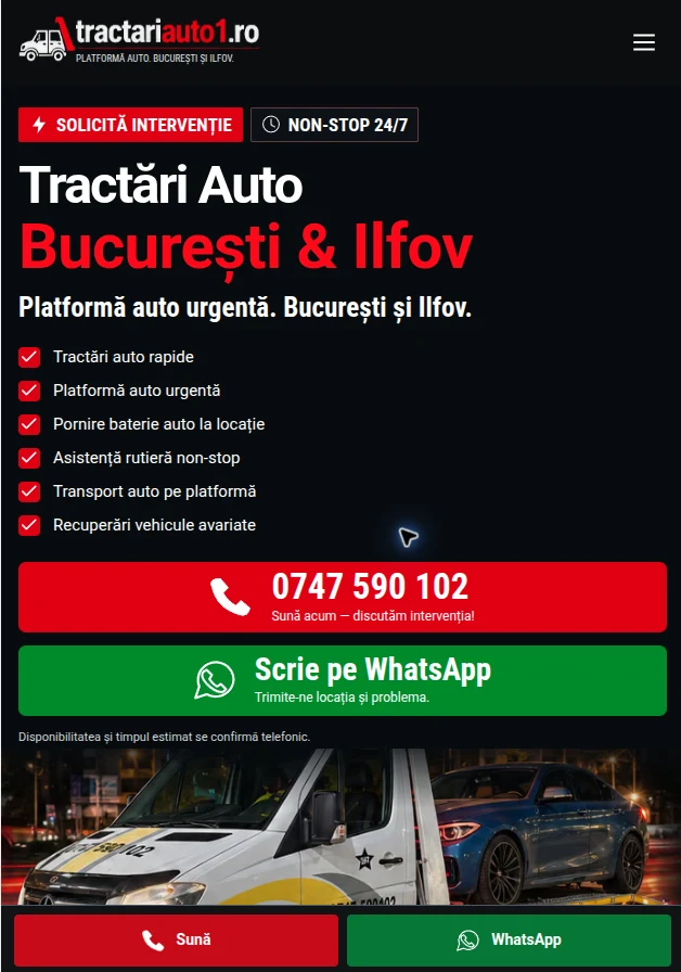 Pagina principală tractariauto1.ro pe mobil, cu apel și WhatsApp